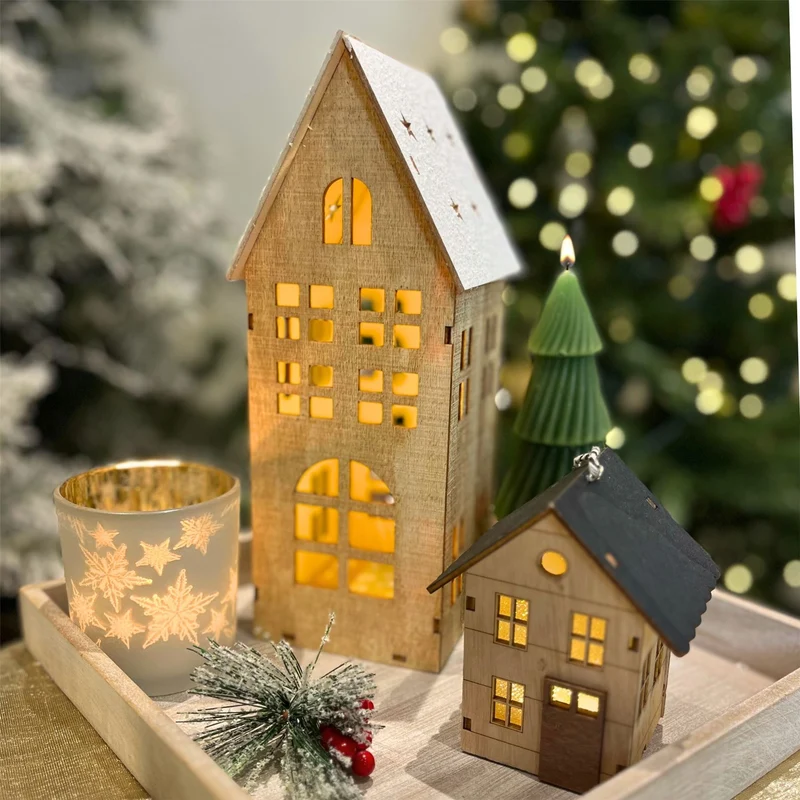 LED Wooden Christmas House | Light Up House Christmas Village Ornament - 25cm