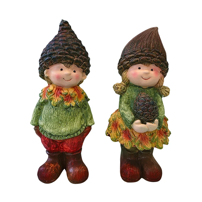 Logbuch-Verlag Herbstkinder Figuren 2er Set stehend 16–17 cm – Herbstdeko Kinder mit Tannenzapfen-Mütze – Junge & Mädchen aus Kunststein