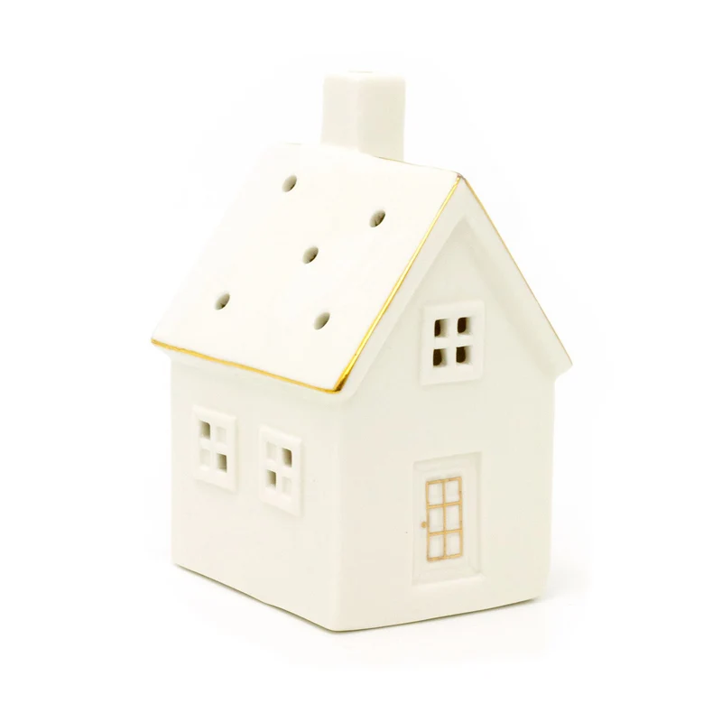 White Ceramic LED House | Light Up Christmas Ornament | Christmas Village Decor - 14cm