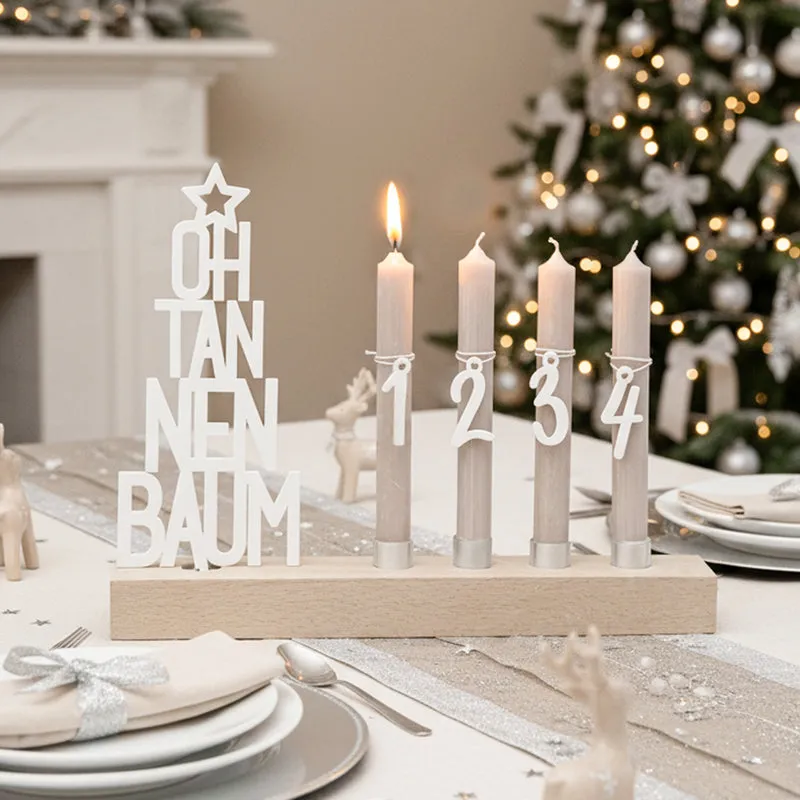 Adventskranz modern aus Holz Kerzenhalter Set länglich Adventsleiste mit Kerzen Oh Tannenbaum - weiß