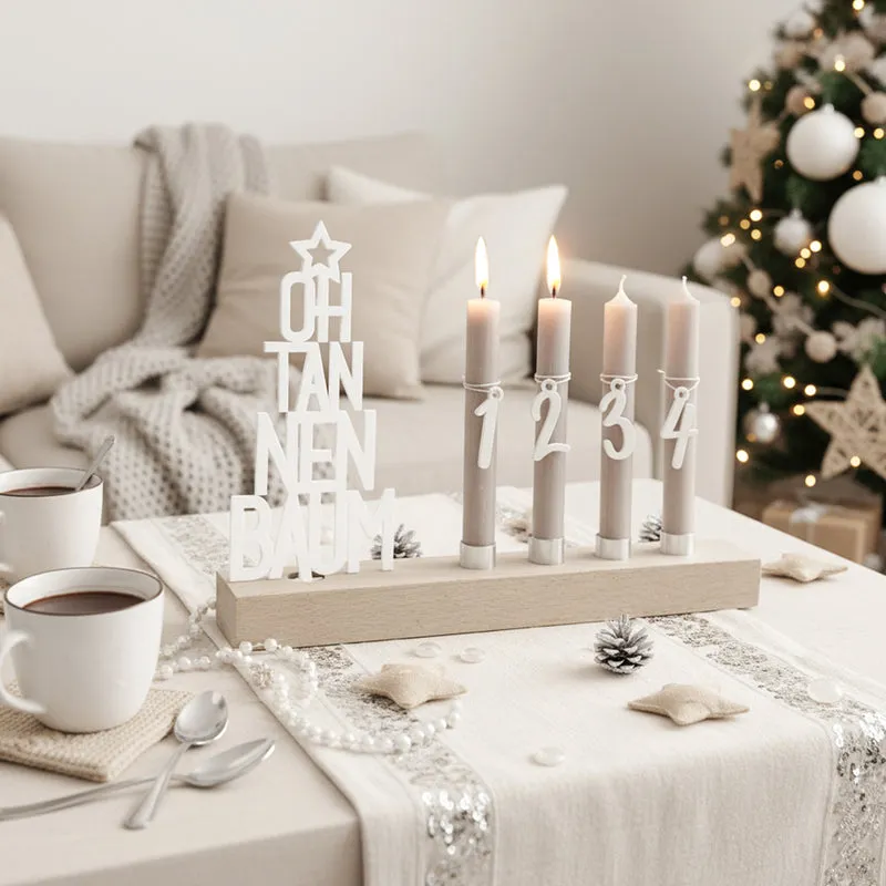 Adventskranz modern aus Holz Kerzenhalter Set länglich Adventsleiste mit Kerzen Oh Tannenbaum - weiß
