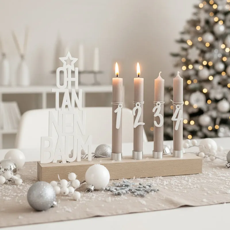 Adventskranz modern aus Holz Kerzenhalter Set länglich Adventsleiste mit Kerzen Oh Tannenbaum - weiß