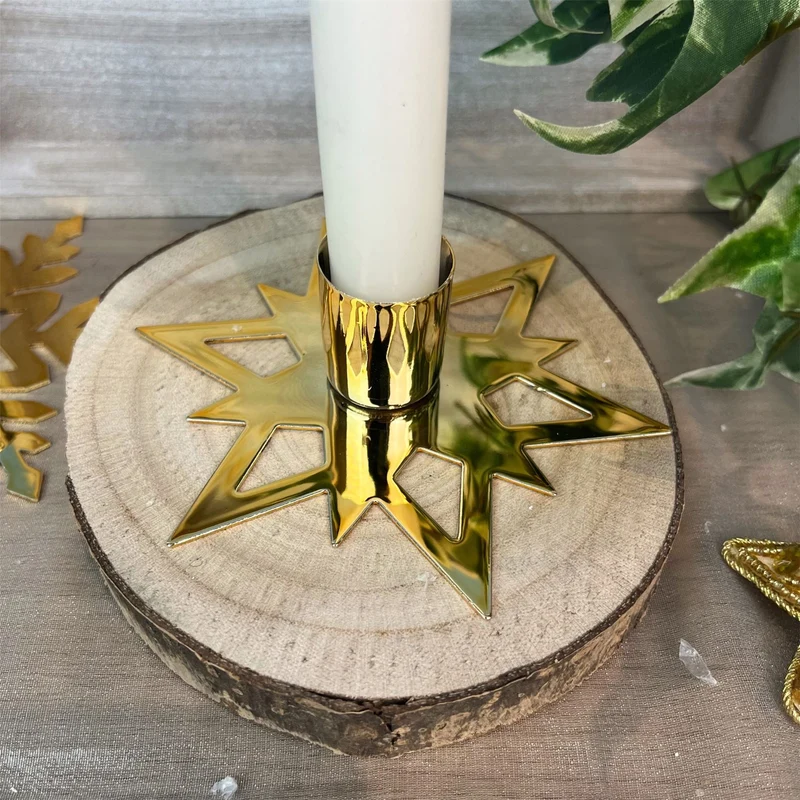 Gold Metal Christmas Candlestick | Festive Snowflake Candle Holder - 11cm