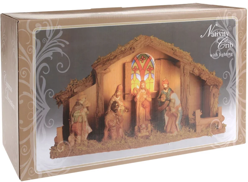 Light Up LED Freestanding Christmas Nativity Set Scene Crib Stable With Figures