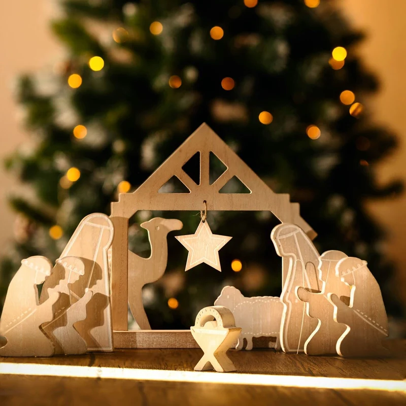 Handcrafted 10-Piece Wooden Nativity Set Traditional Nativity Scene with Figures