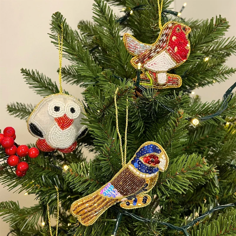 Christmas Tree Beaded Owl Bauble | Christmas Tree Hanging Ornament - 10cm