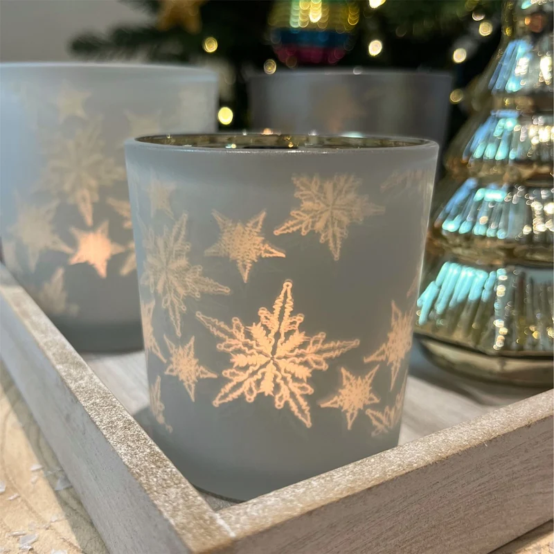 Snowflake Tealight Holder | Frosted Glass Christmas Tea Light Candle Holder 8cm