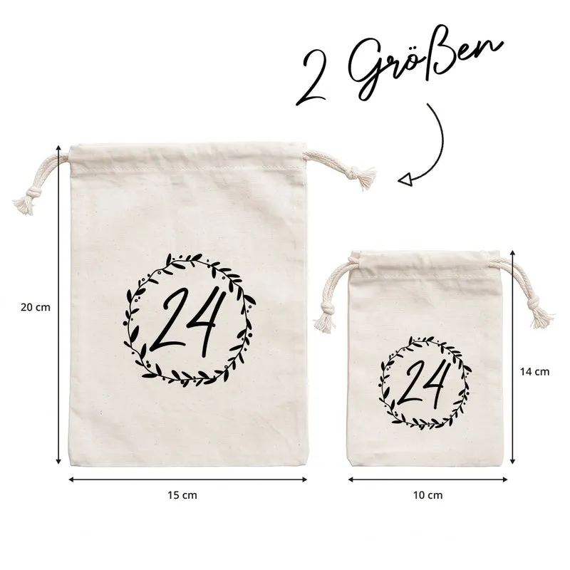 Adventskalender zum Befüllen Säckchen aus Stoff 1-24 Weihnachtskalender zum Aufhängen Kränze
