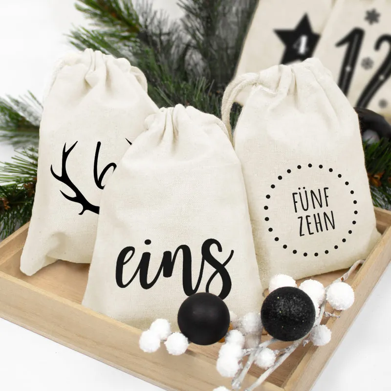 Adventskalender zum Befüllen Säckchen aus Stoff 1-24 Weihnachtskalender zum Aufhängen modern