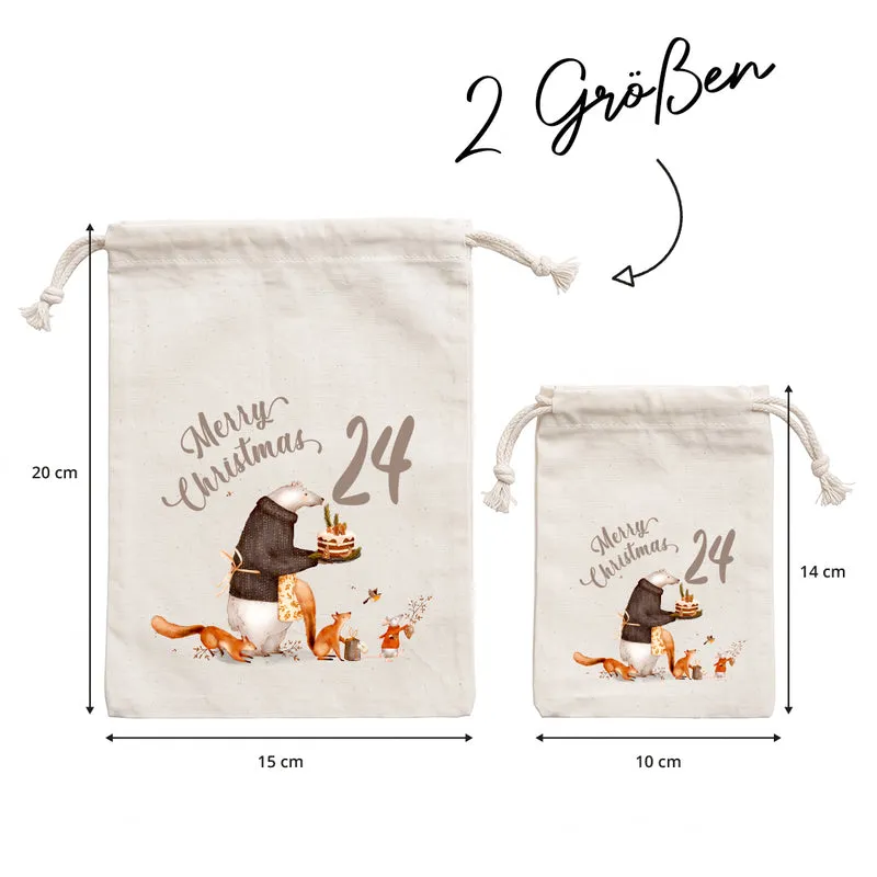 Adventskalender zum Befüllen Säckchen aus Stoff 1-24 Weihnachtskalender zum Aufhängen Tierische Weihnachten