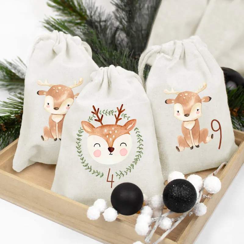 Adventskalender zum Befüllen Säckchen aus Stoff 1-24 Weihnachtskalender zum Aufhängen Rentier