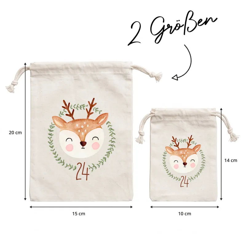 Adventskalender zum Befüllen Säckchen aus Stoff 1-24 Weihnachtskalender zum Aufhängen Rentier
