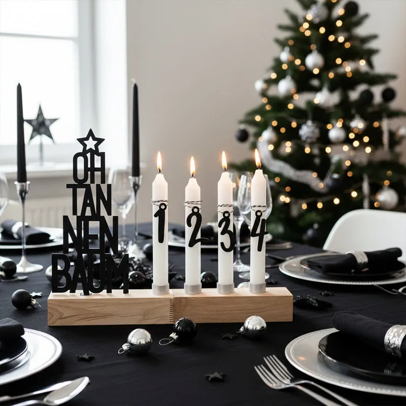 Adventskranz modern aus Holz Kerzenhalter Set länglich Adventsleiste mit Kerzen Oh Tannenbaum - schwarz