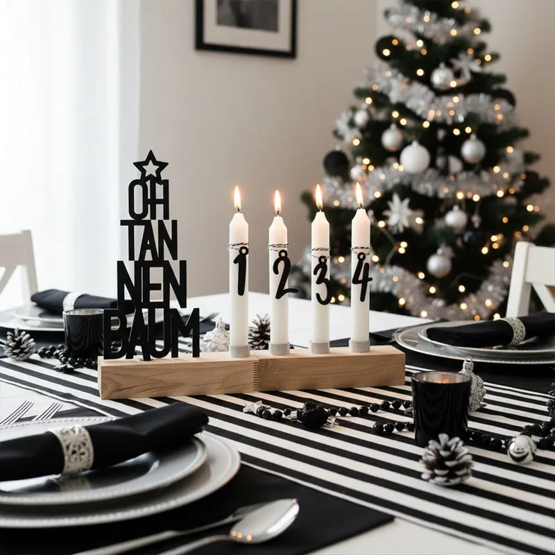 Adventskranz modern aus Holz Kerzenhalter Set länglich Adventsleiste mit Kerzen Oh Tannenbaum - schwarz