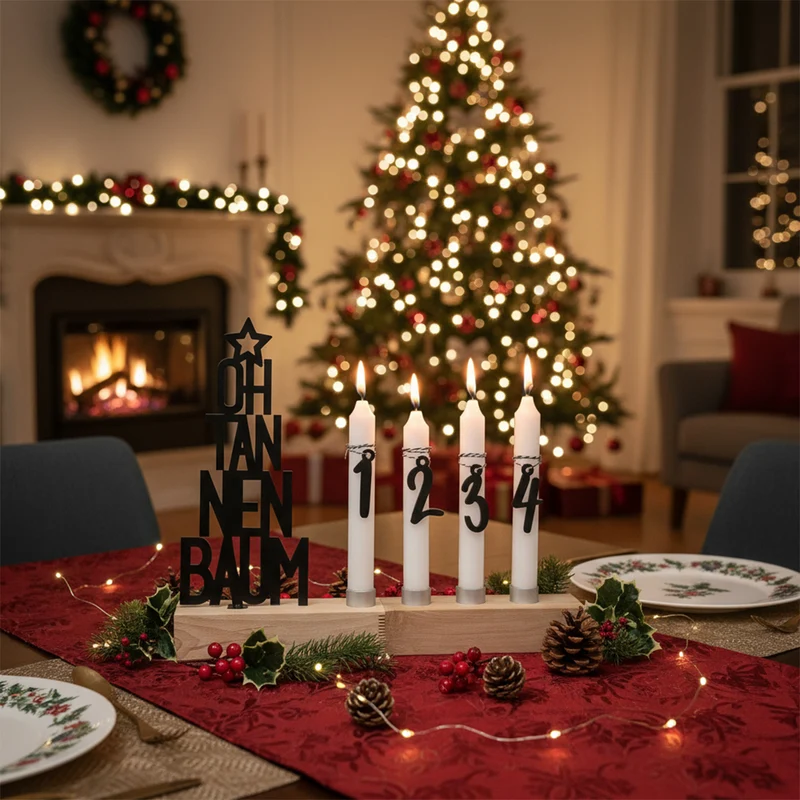 Adventskranz modern aus Holz Kerzenhalter Set länglich Adventsleiste mit Kerzen Oh Tannenbaum - schwarz