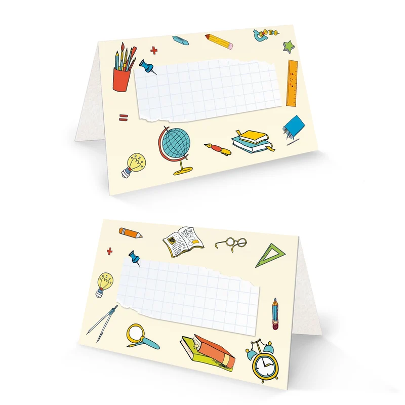 Tischkarten Schule 25 Stück mit bunten Schulmotiven, 8,5 × 5,5 cm