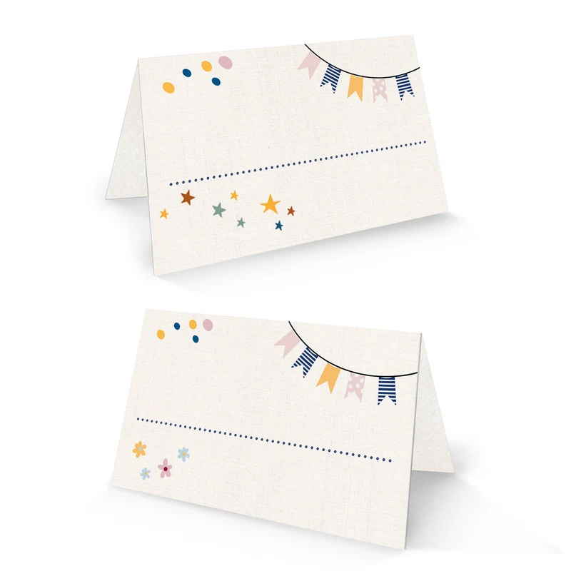 Tischkarten Kinder 25 Stück mit Blümchen und Fähnchen, 8,5 × 5,5 cm