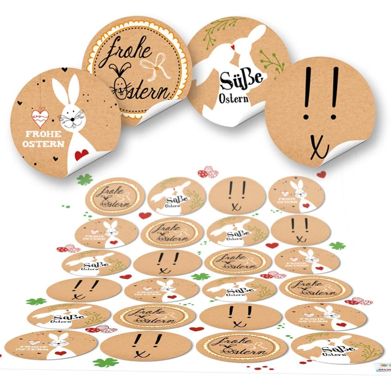 Set 72 Stück Osteraufkleber Frohe Ostern Osterhase Hase Aufkleber Ostersticker Osteretiketten mit Text vintage Nostalgie Look rund in braun weiß schwarz natürlich beige Kraftpapier look