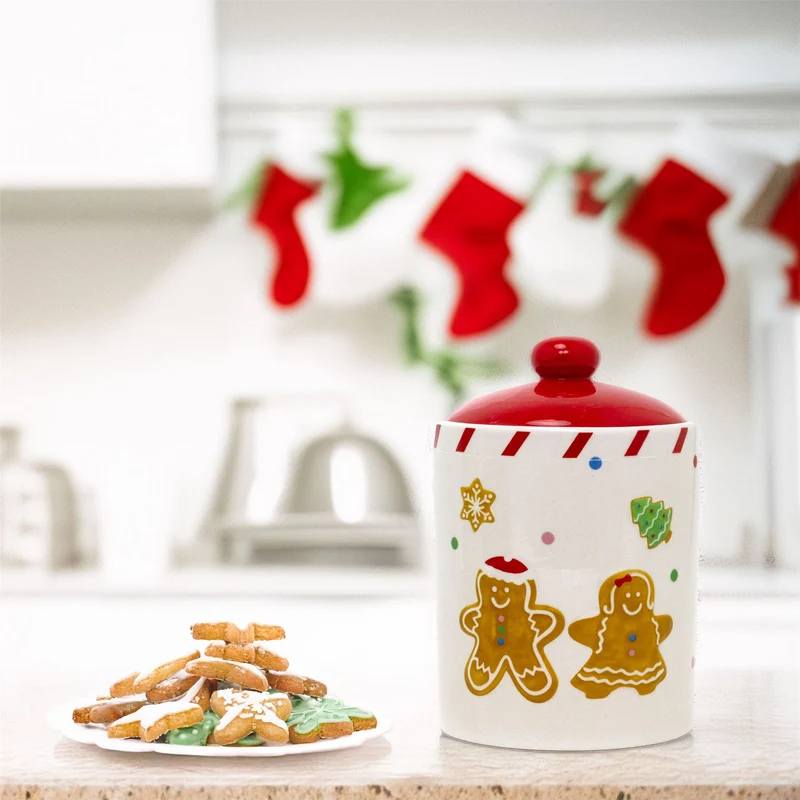 Ceramic Gingerbread Christmas Storage Jar | Biscuit Barrel with Lid - 18cm