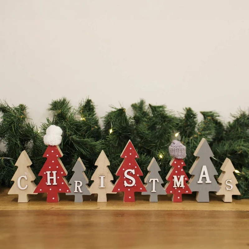 Festive Christmas Word Block | Wooden Tree Letters with Woolly Hats - 40cm