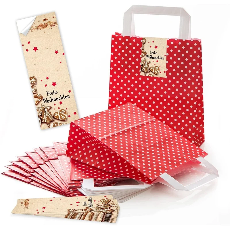Rot-weiß gepunktete Henkeltüten 18 x 8 x 22 cm mit Weihnachtsbanderolen Nikolaus & Plätzchen