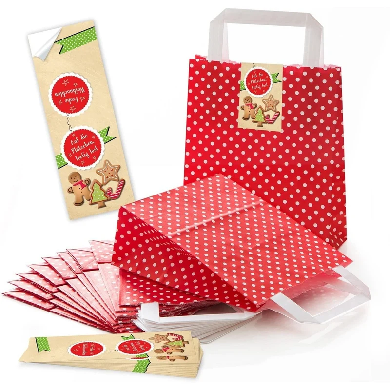 Rot-weiß gepunktete Henkeltüten 18 x 8 x 22 cm mit Weihnachtsbanderolen Nikolaus & Plätzchen