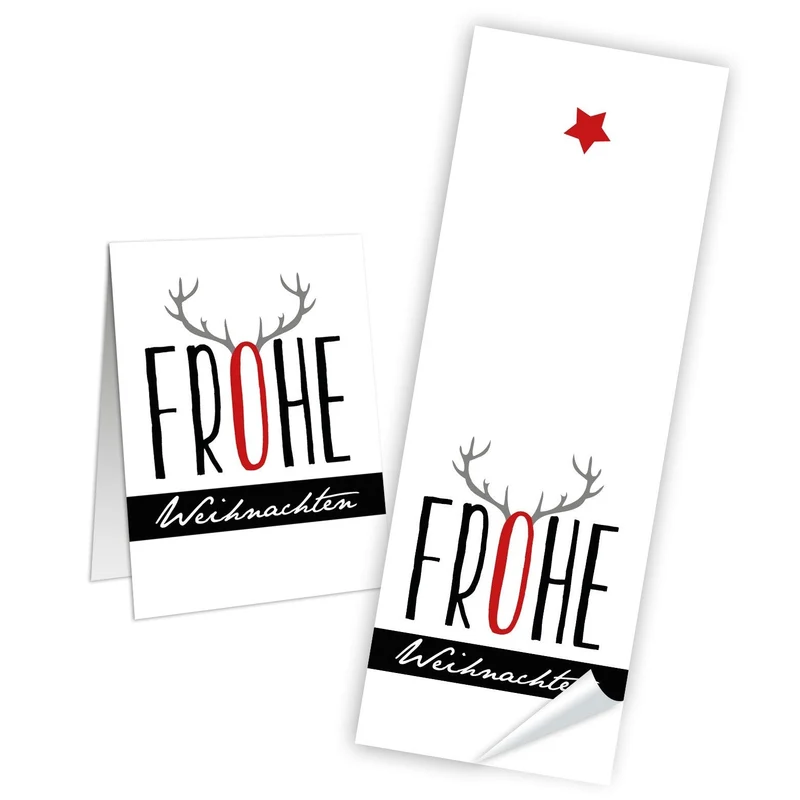 Logbuch-Verlag 50 weiße Aufkleber Sticker FROHE WEIHNACHTEN Rentier Hirsch rot schwarz 5 x 14,8 cm Verpackung Geschenke Papiertüten weihnachtlich