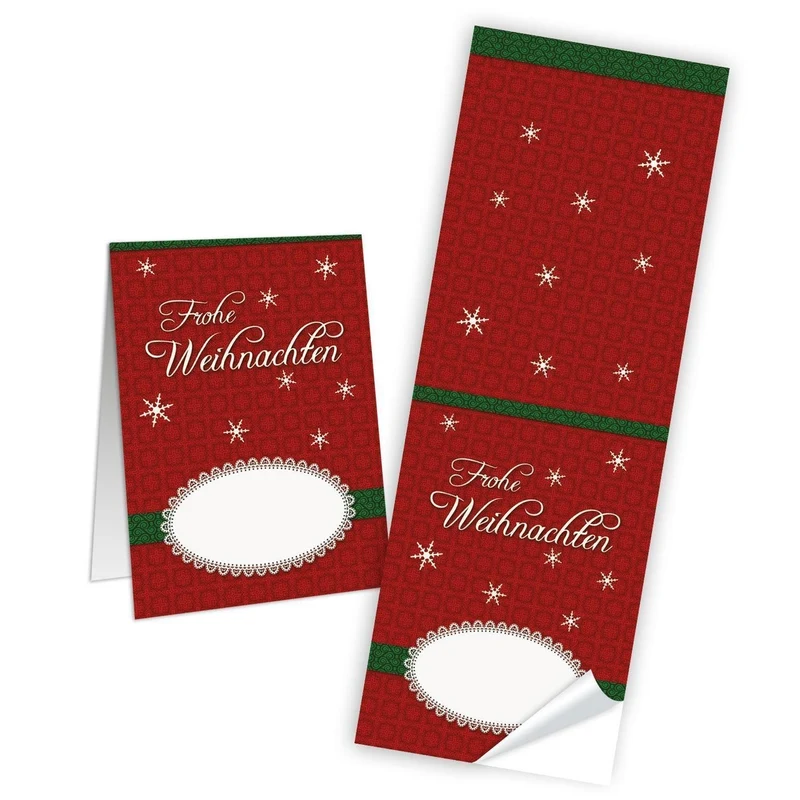 25 Weihnachtsaufkleber Geschenkaufkleber FROHE WEIHNACHTEN rot weinrot grün weiß Aufkleber 5 x 14,8 cm für Verpackung Geschenke give-away Kundengeschenke Papiertüten verschließen