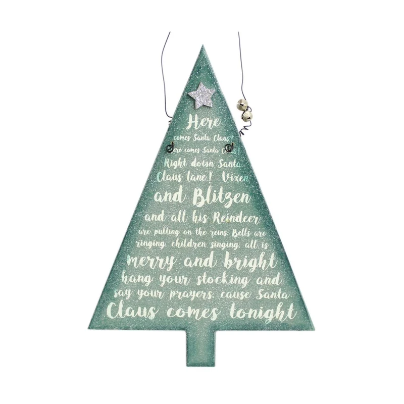 Hanging Frosty Glitter Christmas Tree Song Plaque Decoration ~ Here Comes Santa Claus