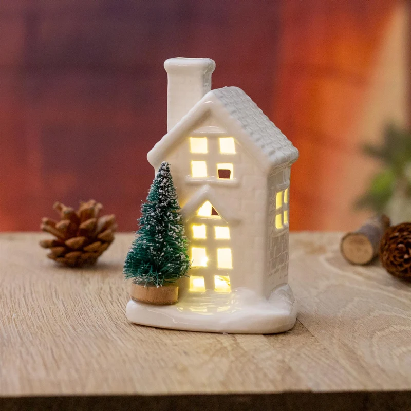 Mini White Ceramic LED Christmas House with Trees Ornament | Light up Decoration