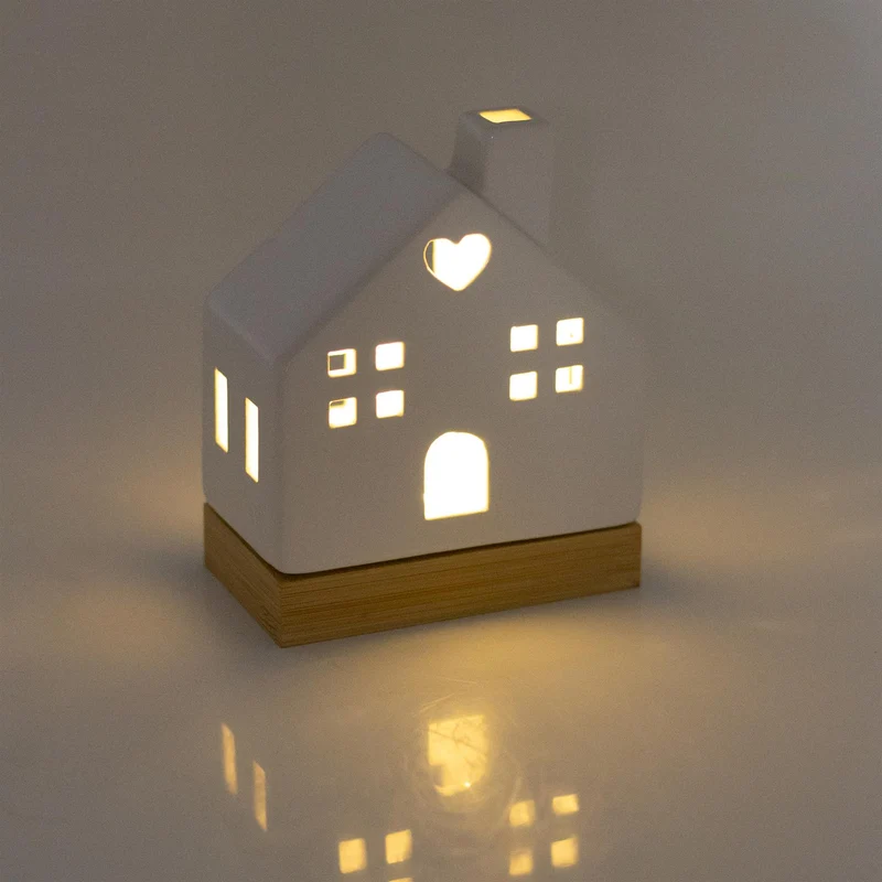 White Ceramic LED Christmas House Ornament On Bamboo Base | Light up Decoration