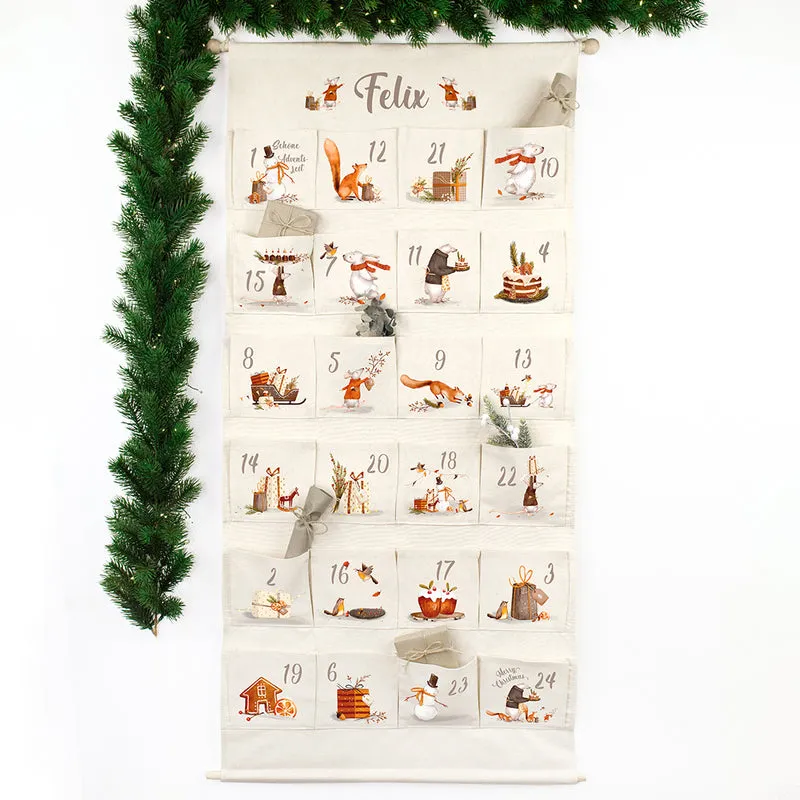 Adventskalender zum Befüllen Wandkalender aus Stoff zum Aufhängen personalisierbar mit Wunschname XXL Tierische Weihnachten