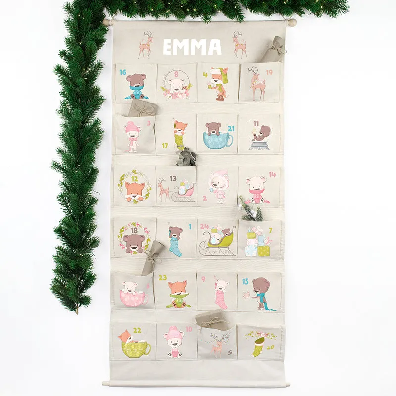 Adventskalender zum Befüllen Wandkalender aus Stoff zum Aufhängen personalisierbar mit Wunschname XXL Weihnachtstiere