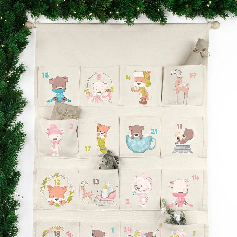 Adventskalender zum Befüllen Wandkalender aus Stoff zum Aufhängen personalisierbar mit Wunschname XXL Weihnachtstiere