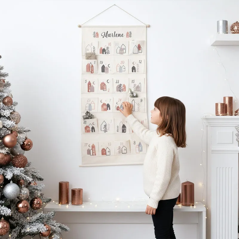 Adventskalender zum Befüllen Wandkalender aus Stoff zum Aufhängen personalisierbar mit Wunschname XXL Boho Weihnachtshäuser