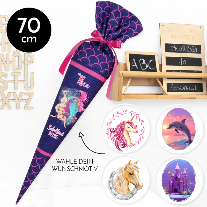 Deine Schultüte aus Stoff mit Wunschname - Mädchen Modell 1 - 70 cm