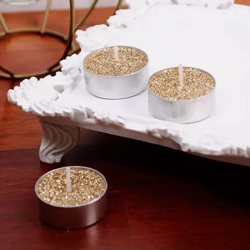 Pack Of 8 Gold Glitter Tealight Candles | Gold Wedding Christmas Tea Lights