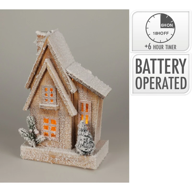 LED Snow-Covered Wooden Christmas House | Light Up Village House Ornament - 33cm
