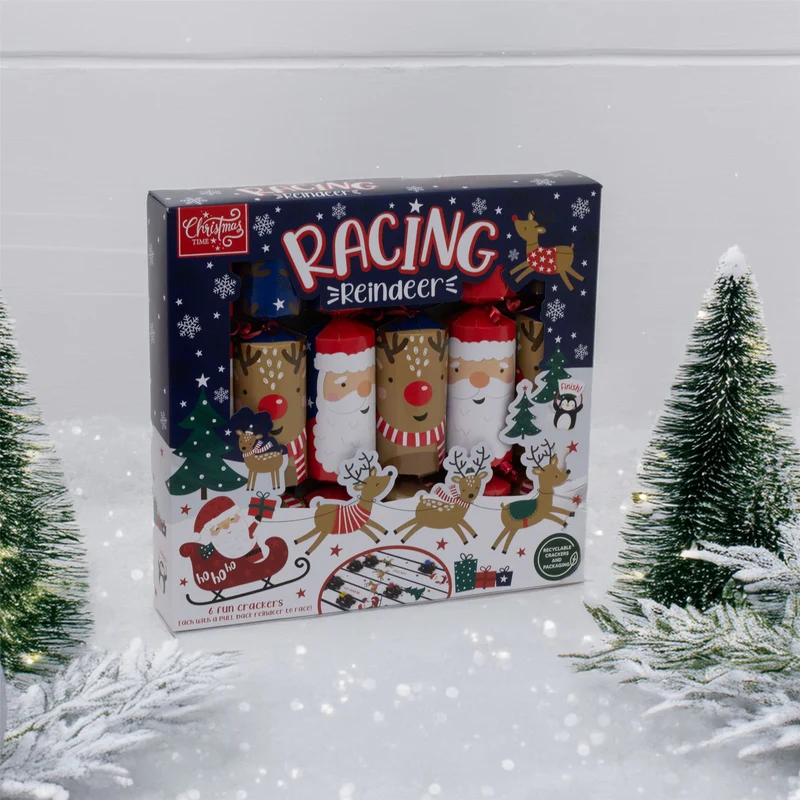 6 Racing Reindeer Christmas Crackers | Family Crackers with Pull-Back Reindeers
