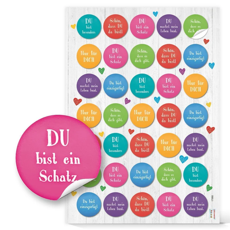 5 x 35 Aufkleber rund 3,2 cm mit Sprüchen Herzen Glückwünschen - Sticker zum Basteln