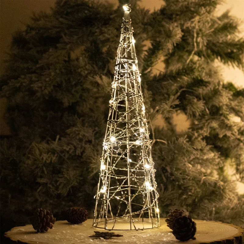 Silver Cone LED Christmas Tree | Warm White Pre-lit Light-Up Tree Cone - 40cm