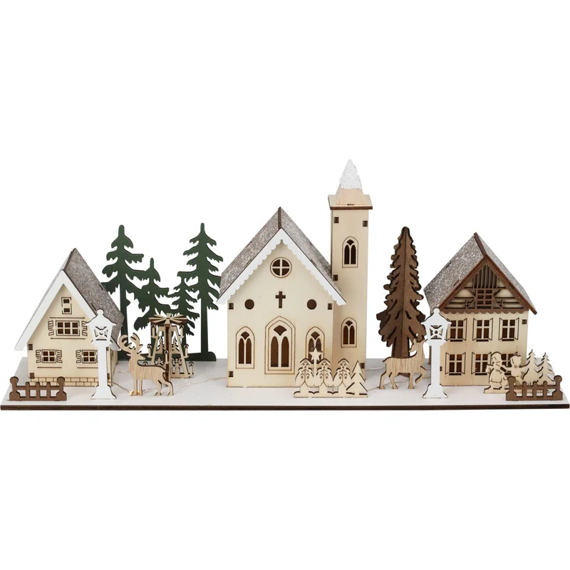 Christmas Scene Light-Up Houses | LED Wooden Winter Houses Ornament - 40cm