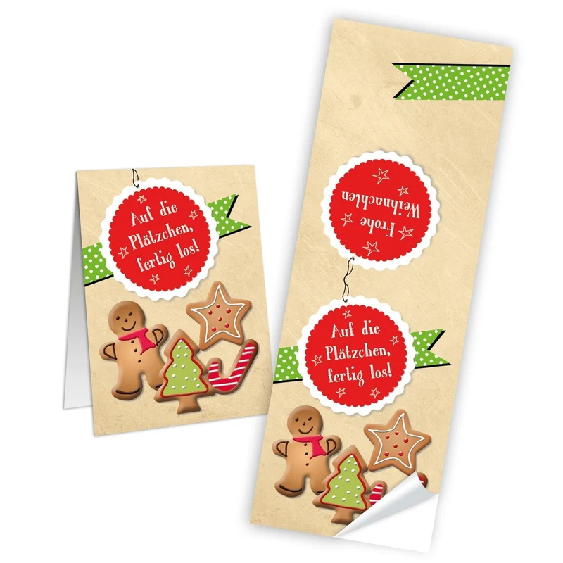 100 Weihnachts-Aufkleber 5 x 14,8 cm AUF DIE PLÄTZCHEN Aufkleber Weihnachten rot grün natur Lebkuchenmann Verpackung Papiertüten Geschenktüten zukleben zumachen Weihnachtsplätzchen Banderolen Sticker