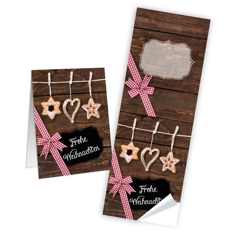 25 Aufkleber Sticker FROHE WEIHNACHTEN rot weiß braun kariert Strohschmuck 5 x 14,8 cm Holz-Optik natürlich Weihnachtsaufkleber Banderolen für Weihnachtstüten Geschenktüten Papiertüten - Verpackung