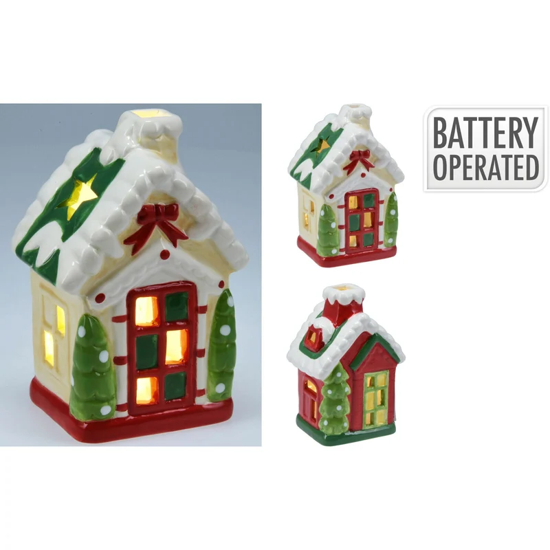 LED Ceramic Christmas House | Light Up House Christmas Village Ornament - 15cm