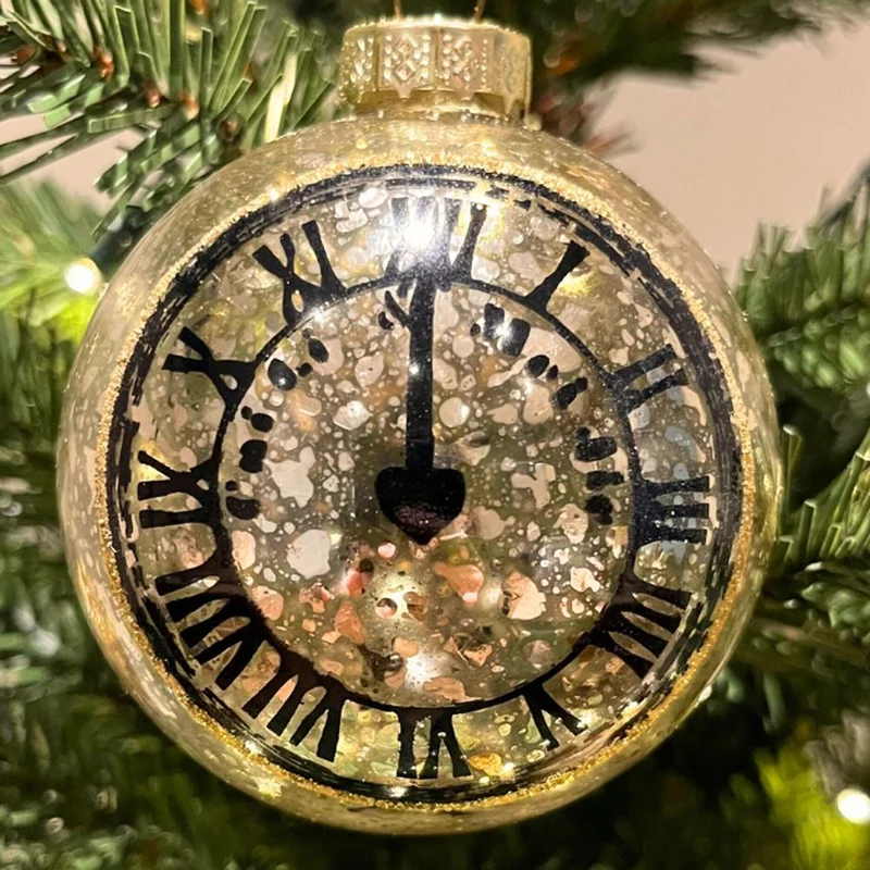 Silver & Gold Clock Bauble | Mottled Glass Christmas Tree Hanging Ornament - 8cm