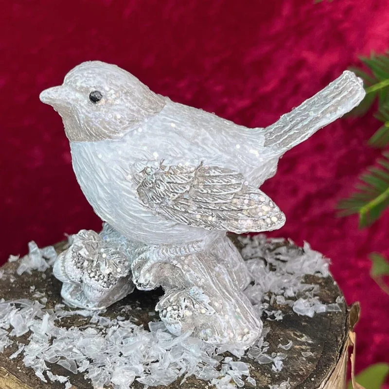 Winter Bird Ornament | White Resin Bird on Log Figurine Christmas Statue - 7x9cm