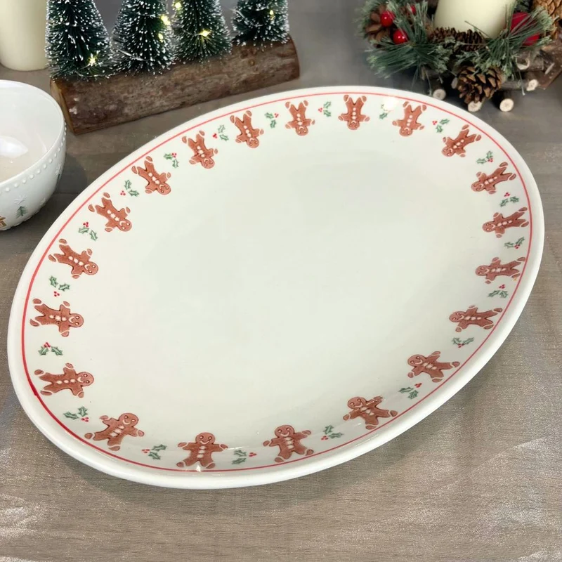 Gingerbread Ceramic Oval Plate | Festive Serving Platter for Christmas - 34cm