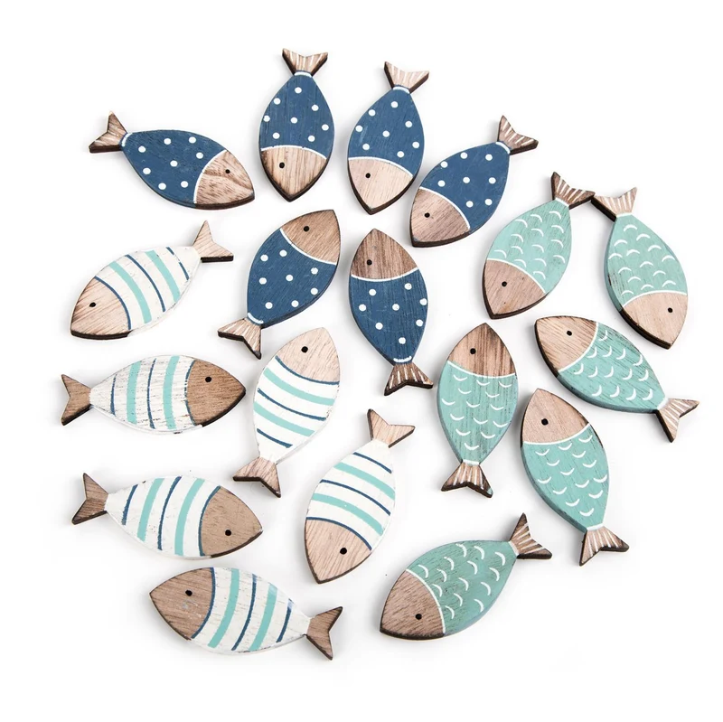 18 kleine Fische aus Holz blau türkis Tischdeko 6 cm