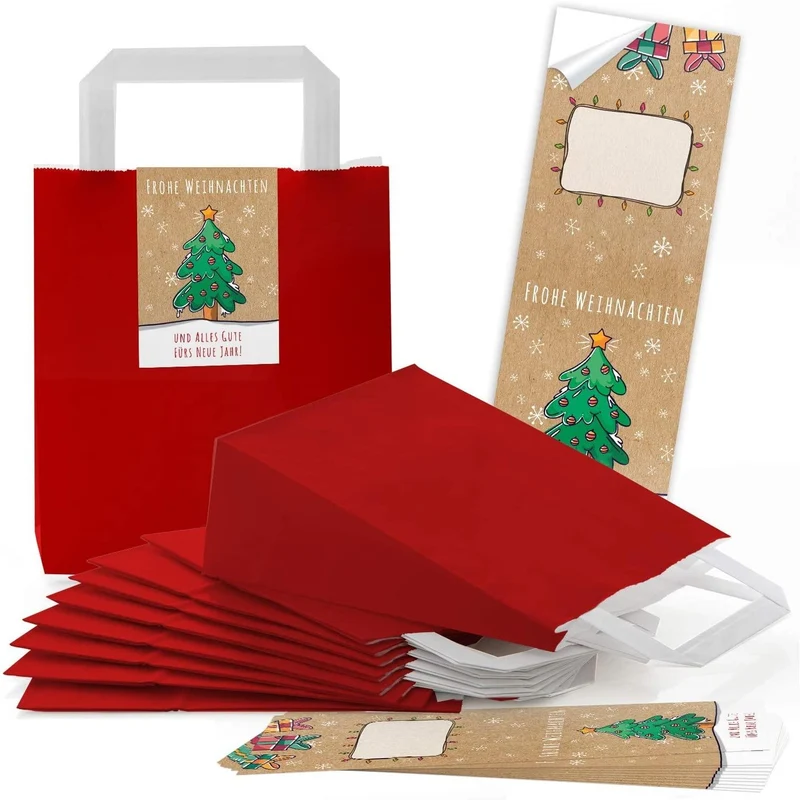 Rote Henkeltüten 18 x 8 x 22 cm mit Weihnachtsbanderolen Lebkuchenmann, Mistelzweig & Co.